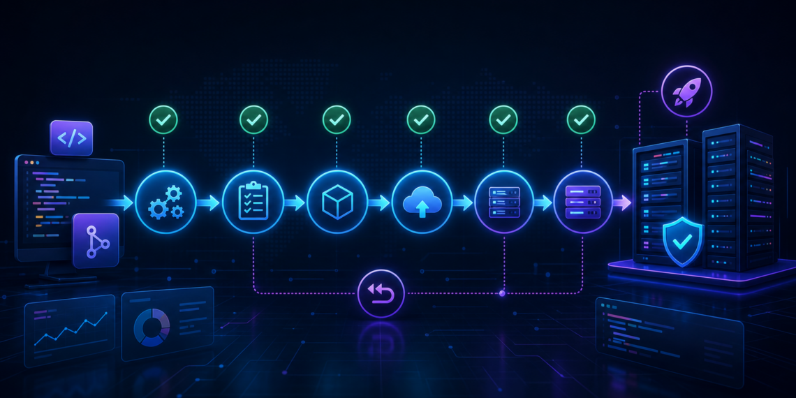 Minh họa pipeline CI/CD từ commit đến deploy cho team nhỏ