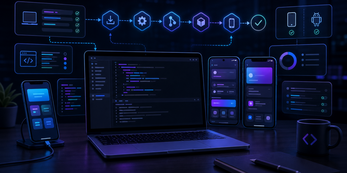 Minh họa môi trường phát triển React Native với laptop, Android emulator và iOS simulator