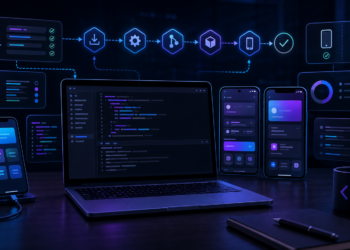 Minh họa môi trường phát triển React Native với laptop, Android emulator và iOS simulator