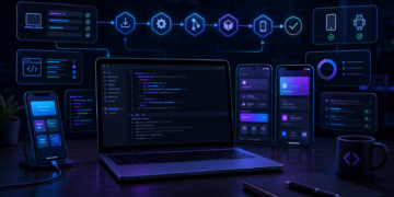 Minh họa môi trường phát triển React Native với laptop, Android emulator và iOS simulator