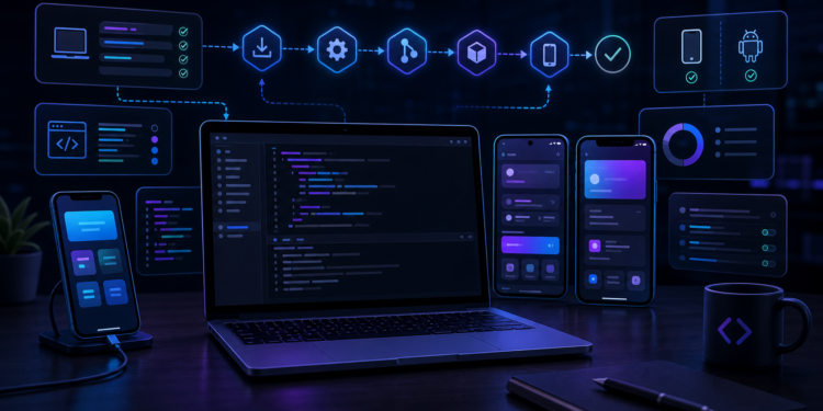 Minh họa môi trường phát triển React Native với laptop, Android emulator và iOS simulator