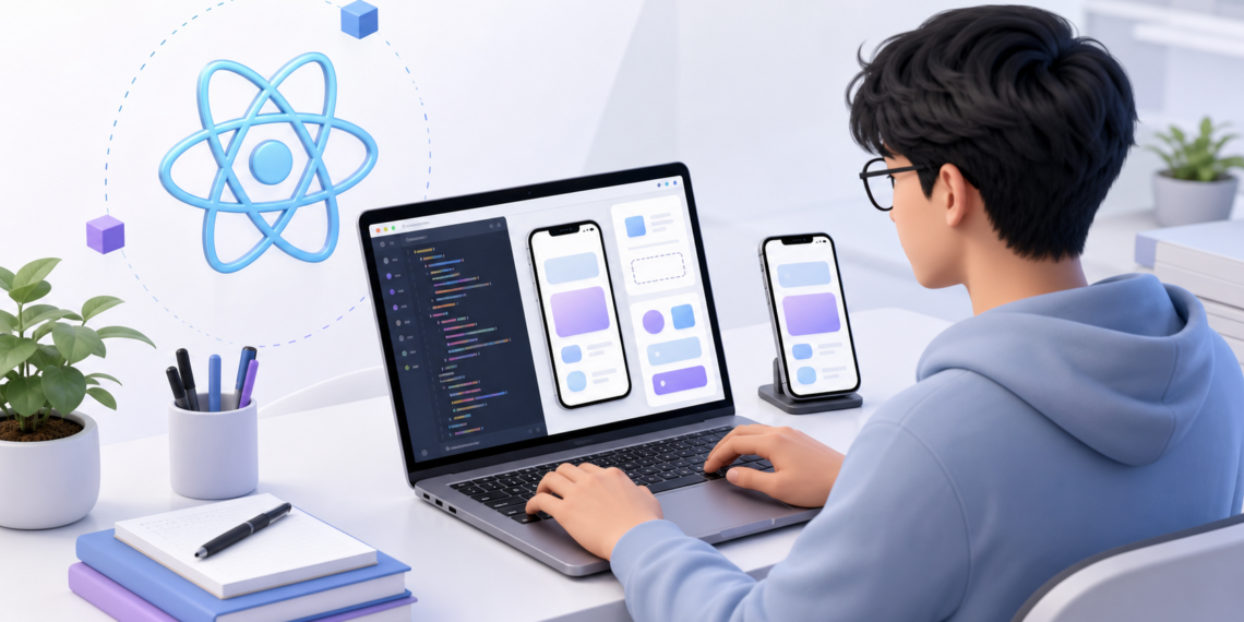 Lập trình viên học React Native với laptop và màn hình ứng dụng mobile