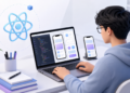 Lập trình viên học React Native với laptop và màn hình ứng dụng mobile