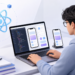 Lập trình viên học React Native với laptop và màn hình ứng dụng mobile