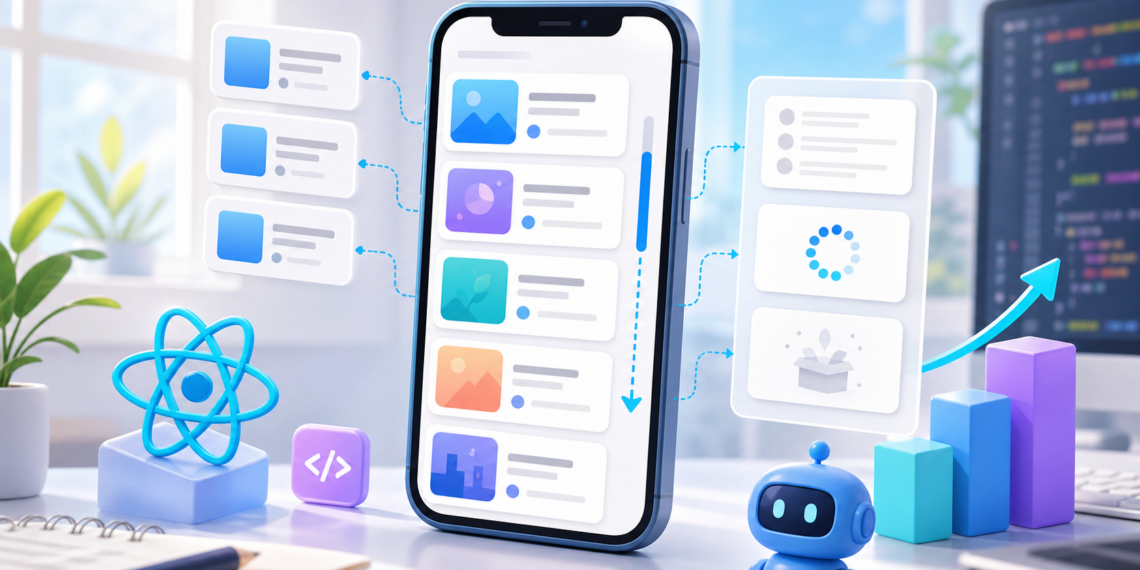 Minh hoạ FlatList hiển thị danh sách bài viết trong React Native