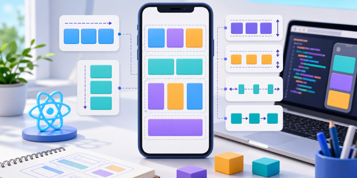 Minh hoạ Flexbox trong React Native với row column justifyContent và alignItems
