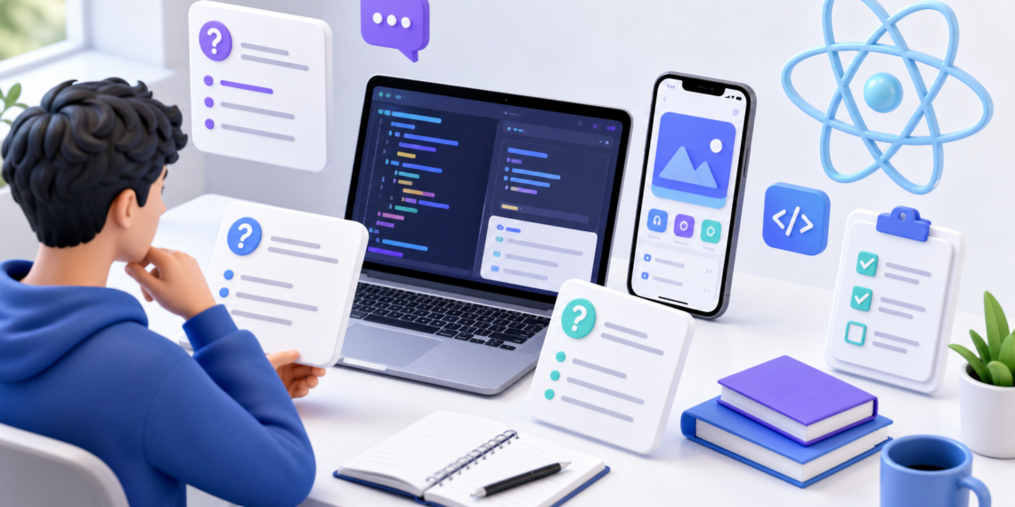 Lập trình viên chuẩn bị phỏng vấn fresher React Native với laptop, điện thoại và thẻ câu hỏi