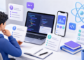 Lập trình viên chuẩn bị phỏng vấn fresher React Native với laptop, điện thoại và thẻ câu hỏi