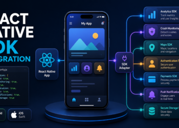 Minh họa ứng dụng React Native kết nối nhiều SDK như analytics, maps, authentication, payment và push notification
