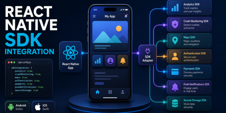 Minh họa ứng dụng React Native kết nối nhiều SDK như analytics, maps, authentication, payment và push notification